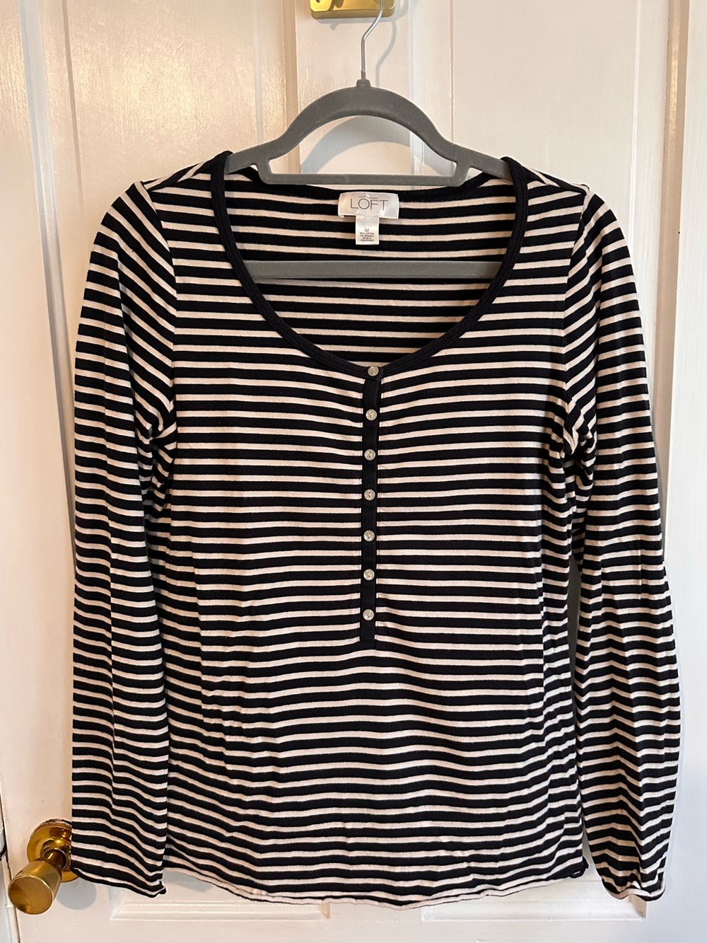 LOFT Black and White Striped Long Sleeve Henley Top